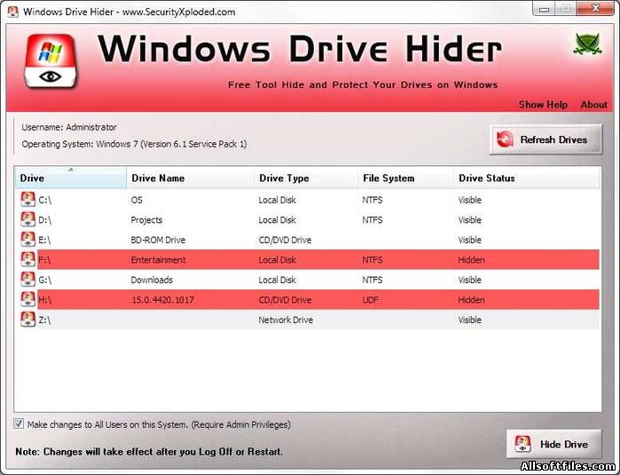 Windows Drive Hider 1.0 - скрытие данных